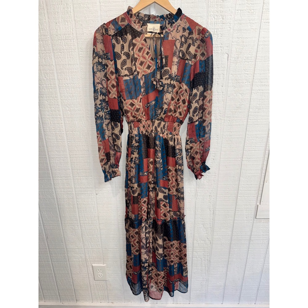 Umgee Maxi Dress Womens Multicolor Patchwork Paisley Smocked Boho Small